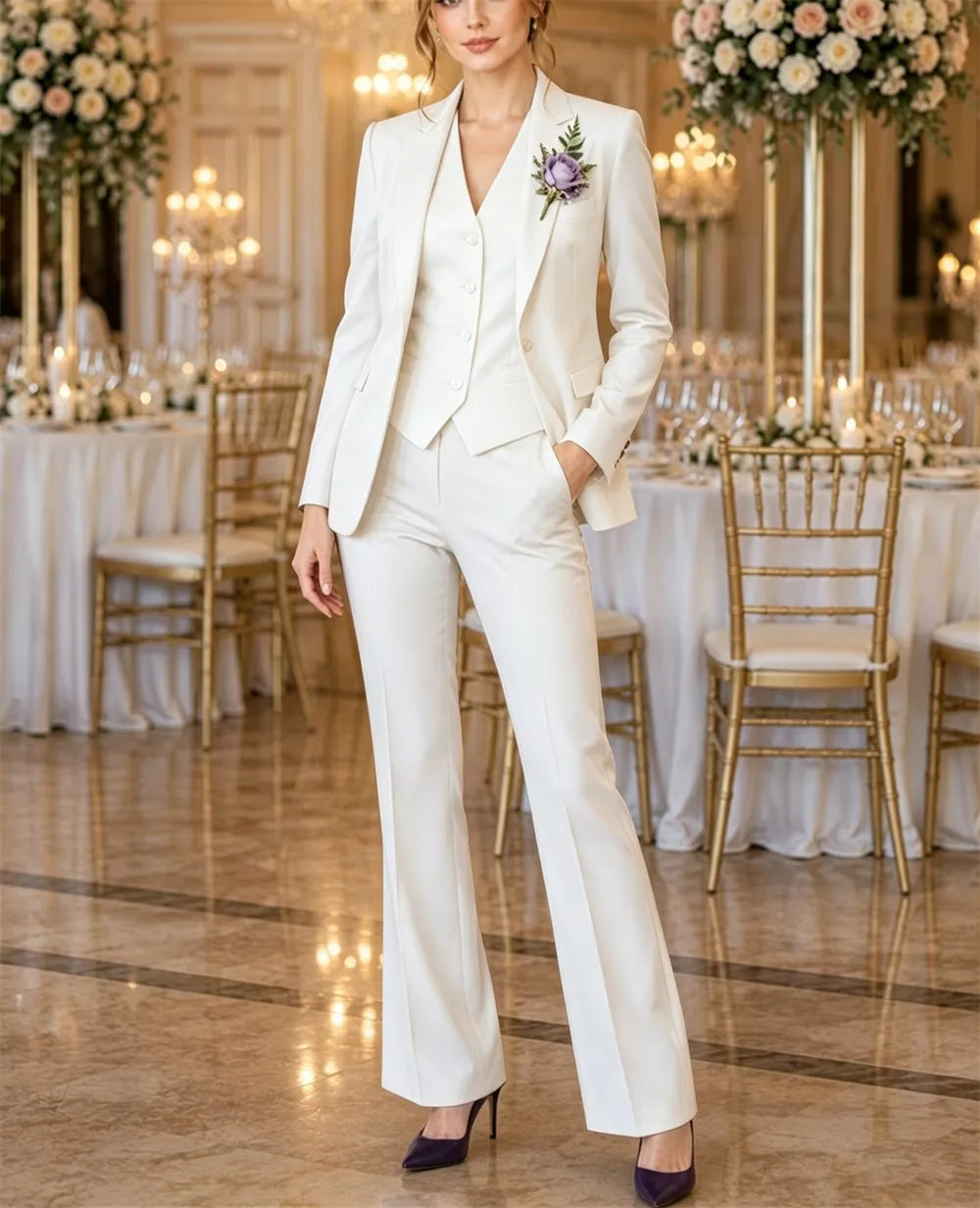 Moderner Damenanzug in Lila, 3-teilig, Elegantes Abend- und Business-Outfit, Büroanzug Blazer+Weste+Hose