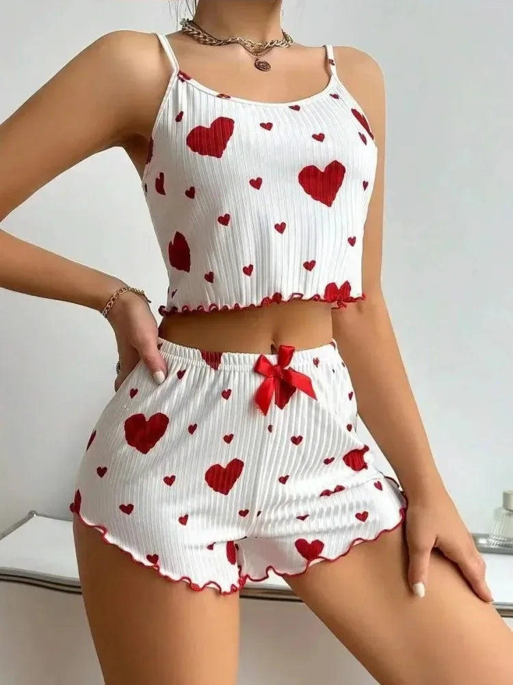 Frauen Nachtwäsche Herbst Winter Pyjamas Sets Herz Druck Ärmellose Cami Weste mit Lange Hosen Hosen Set Sexy Dessous Pyjamas