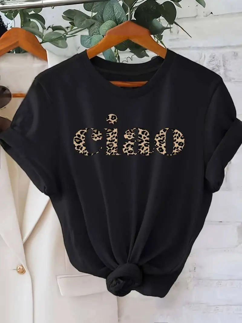 Brief Ciao Leopard Herzschlag Kurzarm Print Kleidung Damen T-Shirt Harajuku Grafik Kleidung Damen Top T-Shirt