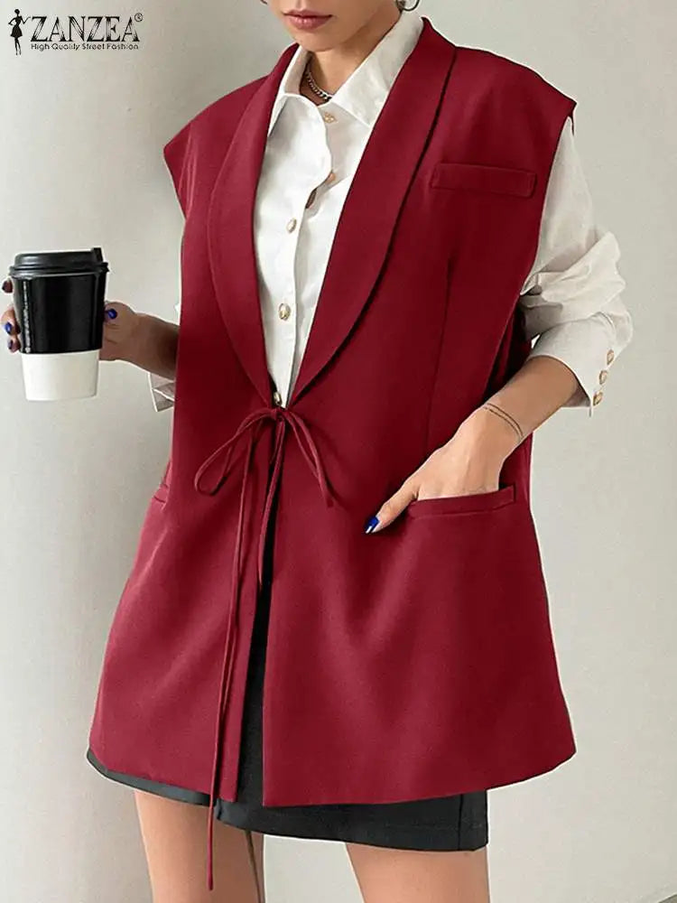Zanzea übergroße Out wears 2024 Frauen ärmellose Weste Mode Revers Kragen Weste elegante Schnürung Blazer koreanische Tank Jacken