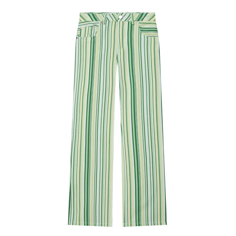 Bunte Streifen-Jeanshosen für Damen, lässige, gerade geschnittene Hosen, Damen-Hosen mit weitem Bein, Streetwear, Damen-Mode-Denim-Hose