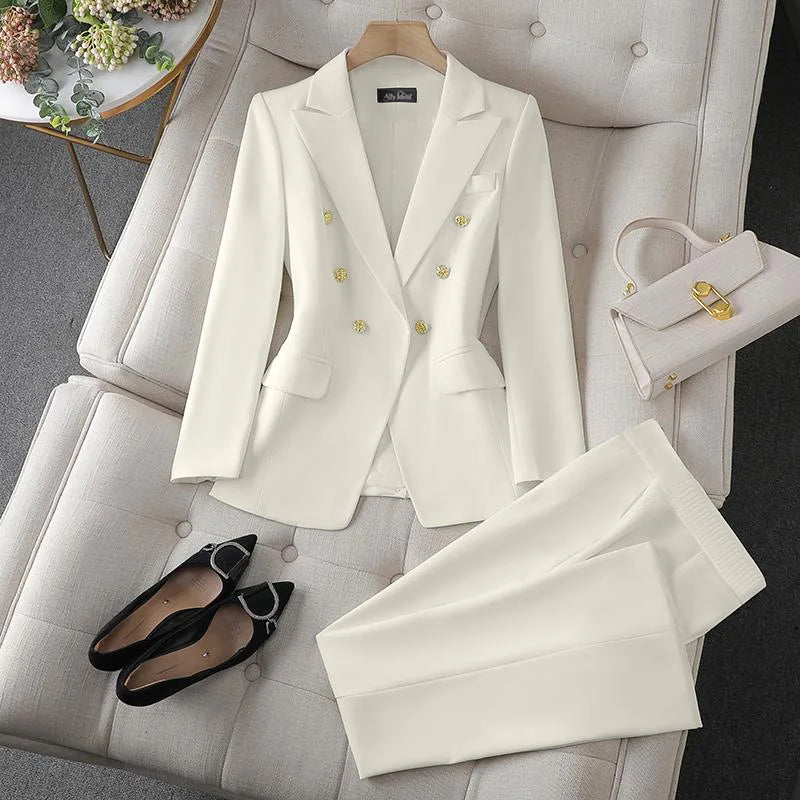 Koreanische Mode 2-Teiliges Set Umlegekragen Blazer Langarm Slim Fit Hosen Damenanzüge Büro-Damenkleidung Hosensets für Frauen