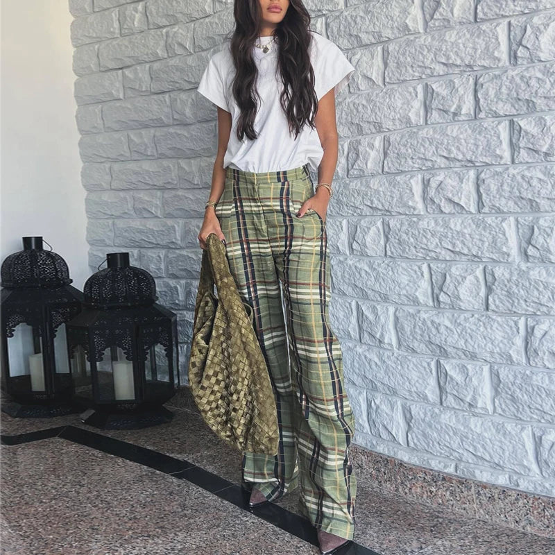 MUJER Karierte Hose mit weitem Bein für Damen, mittlere Taille, lockere Hose, Damen-Streetwear, lässige Damenhose, Urlaub, Vintage-Hose für Damen
