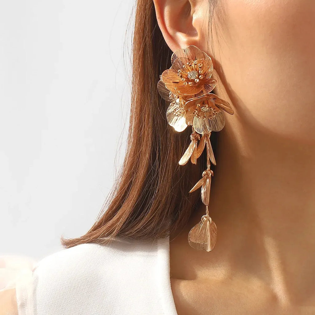 Vintage Goldfarbene Große Blumen-Ohrhänger für Damen Klassische Kristall-Metall Lange Ohrringe Statement Bohemian Ohrschmuck Geschenke K0