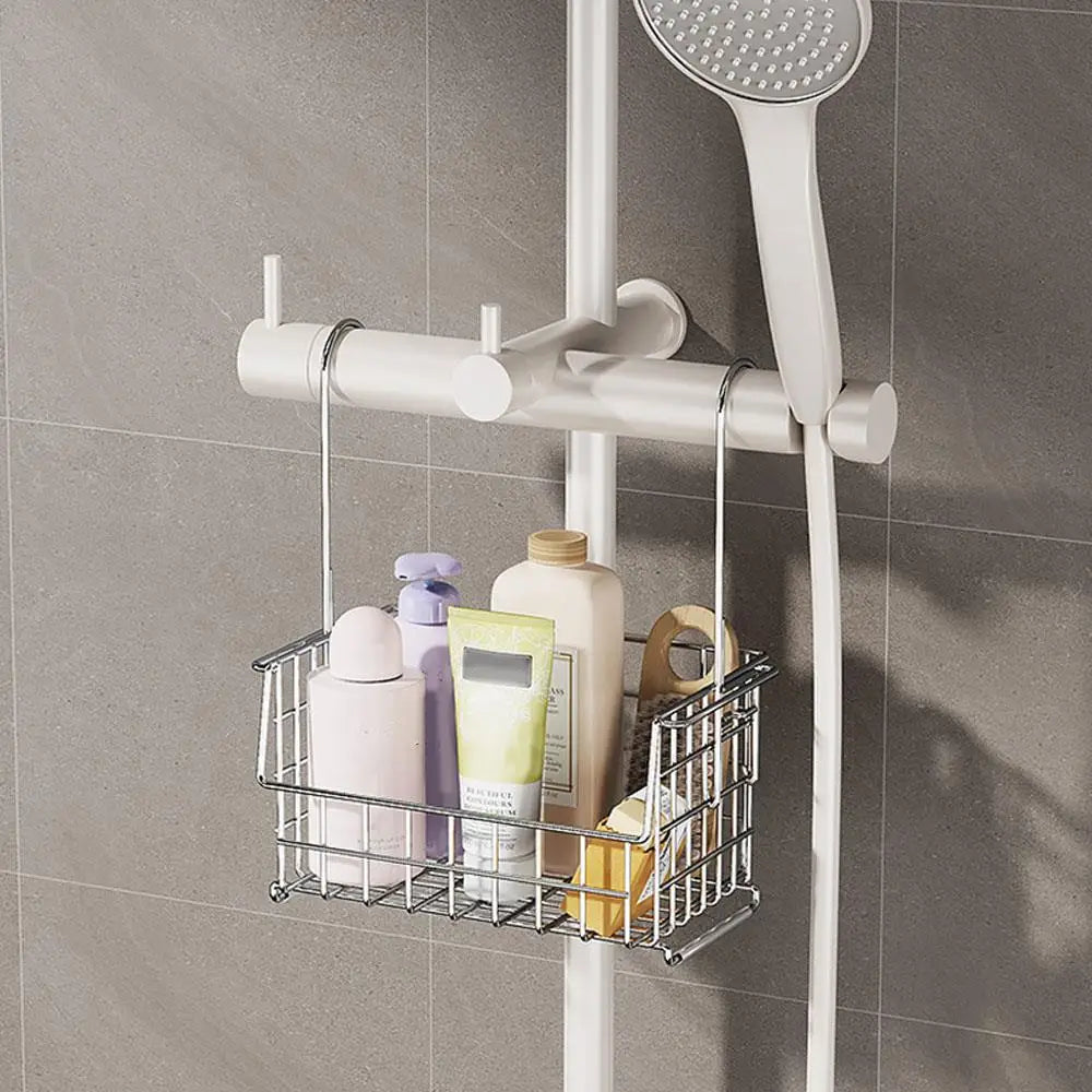 Badezimmerregal aus Edelstahl, ohne Bohren, Duschhalter, Hänge-Organizer, Hochschiene, Duschregal, Duschkorb mit Haken