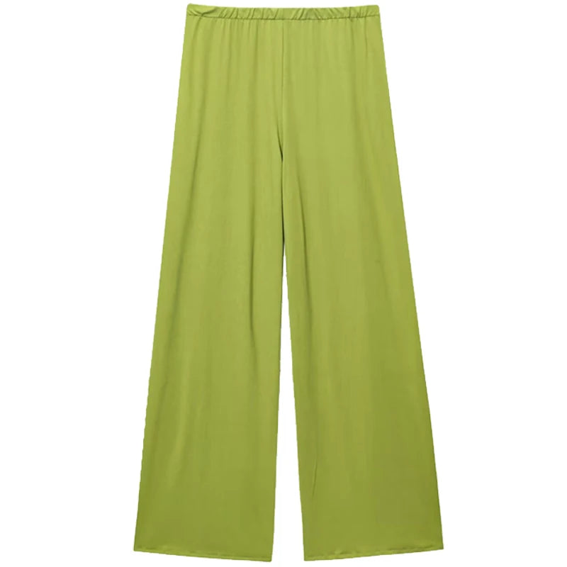 HXAO Grüne Hosen-Sets für Damen, zweiteiliges Set, gerüschtes, asymmetrisches Slip-Top, Anzug-Outfit, schickes, drapiertes Hosen-Set mit hoher Taille und weitem Bein
