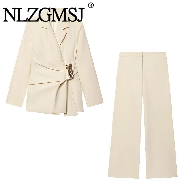 NLZGMSJ 2026 Frühling Büro-Damen Schicker Blazer-Anzug Einfarbiger Langarm-Blazer Lange Reißverschluss-Hose Modischer Anzug