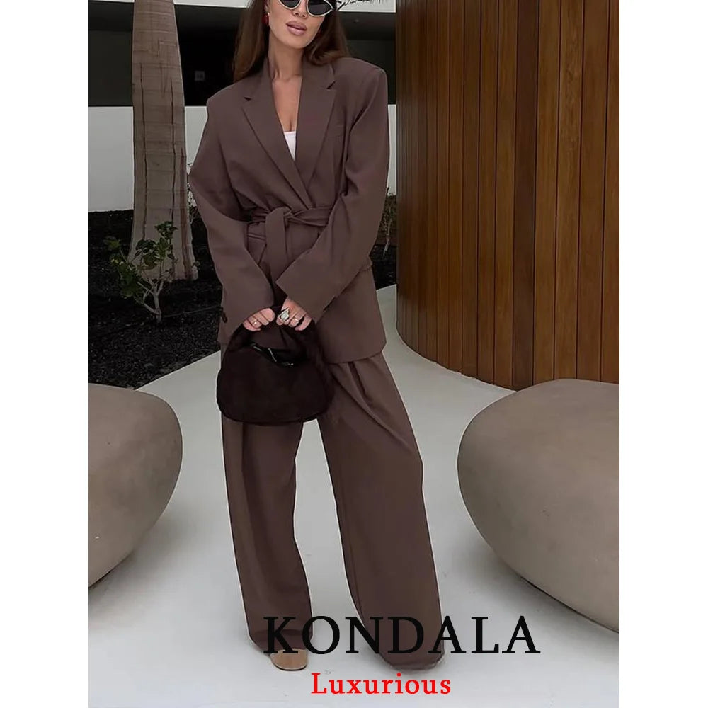 KONDALA Büro Dame Casual Chic Solide Frauen Anzug Single Button Schärpen Lose Blazer Zipper Hosen Mode 2025, Herbst Winter Sets