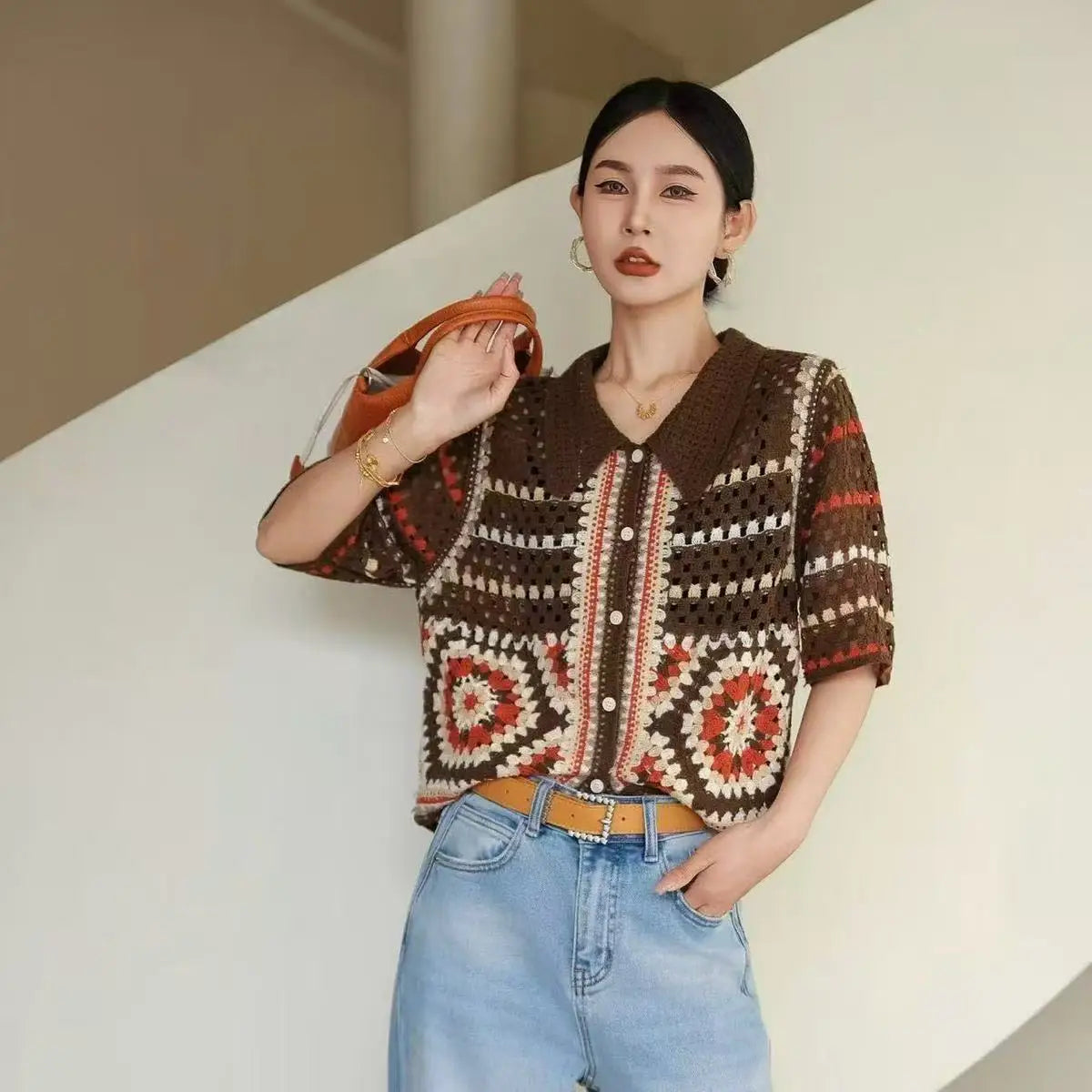 2026 Sommer Langarm Vintage National Trend Damenbekleidung Ausgehöhlte Spitze Patchwork Chiffon Hemden Damen Blusen Großhandel
