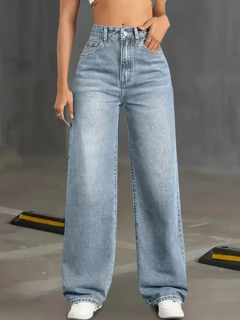 Y2k Jeans für Damen Klassisch Blau Elastisch Gerades Bein Schlichtes Design Retro-Stil Dehnbare Denim-Hose