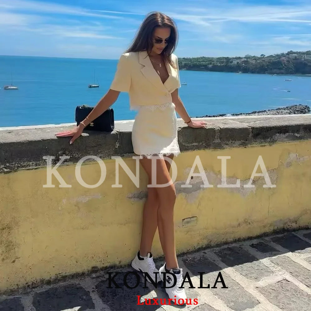 KONDALA Lässiger Gelber Einfarbiger Anzug V-Ausschnitt Kurzarm Einreihiger Kurzer Blazer Spitzenrock Shorts Mode 2026 Sommer Büro-Sets