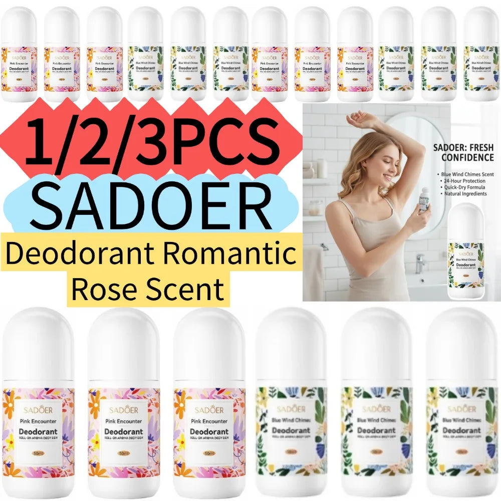    SADOER Deodorant Romantischer Rosenduft Roll-On Aroma Körperdeo Blaue Windspiele Rosa Schnelltrocknendes Antitranspirant 1/2/3 Stück