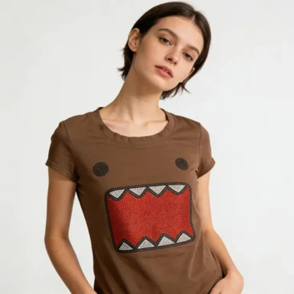 Casual Streetwear Kawaii Domo Kun Strass Cartoon 2000er Qualität Rundhals Kurze Ärmel Einfache Tägliche Routine Fit T Shirt Top
