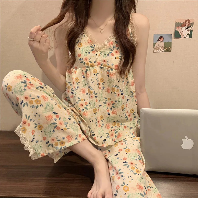 Frauen Neue Pyjamas Homewear Set Sommer Retro Kleine Gebrochene Blumen Halter Kurzarm Lange Hosen Dünne Pyjamas Homewear set
