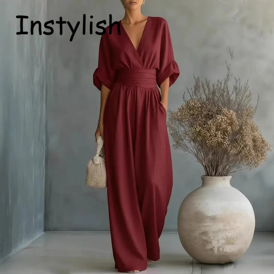 Elegante Damen-Jumpsuits mit hoher Taille, Sommer-Kurzarm-Overalls mit weitem Bein, lässige V-Ausschnitt-Jumpsuits in Unifarben, lockere Streetwear