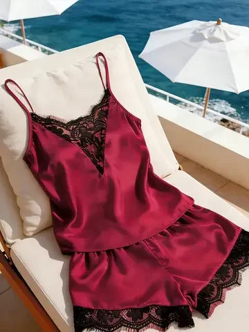 Damen Satin Camisole-Shorts-Set, Spitzenbesetztes Cami-Top und Shorts, Seidiger Frühling-Sommer Schlafanzug Loungewear Pyjama
