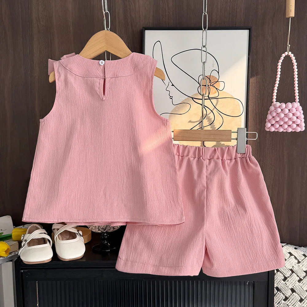Bär Führer Süße Rosa Mädchen Kleidung Sommer Ärmellose Bogen Dekoration Plissee Weste + Shorts 2 Stück Olid Farbe Casual kinder Set