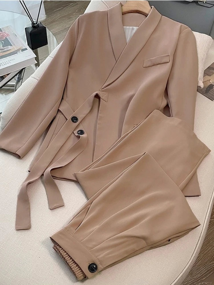 Frühling Herbst Damen Blazer-Hosen-Sets Mode Büro-Damen Lässige Weite Hosen Anzug-Set Damen Zweiteiler Damen-Outfits
