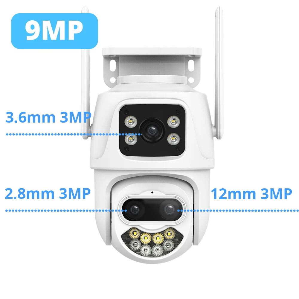 9MP 6MP WLAN-Kamera IP Außen-PTZ-Sicherheitskamera mit drei Objektiven, Dual-Screen, KI-Personenerkennung, automatische Verfolgung, Überwachungskamera ICSee