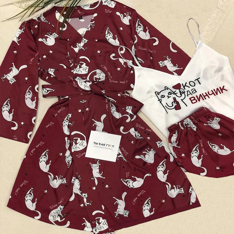 Lavendel Print Damen Sommer sexy Pyjama hose Set 3 Stück Satin mit Seide Nachtwäsche Robe Mode und bequeme Nachtwäsche