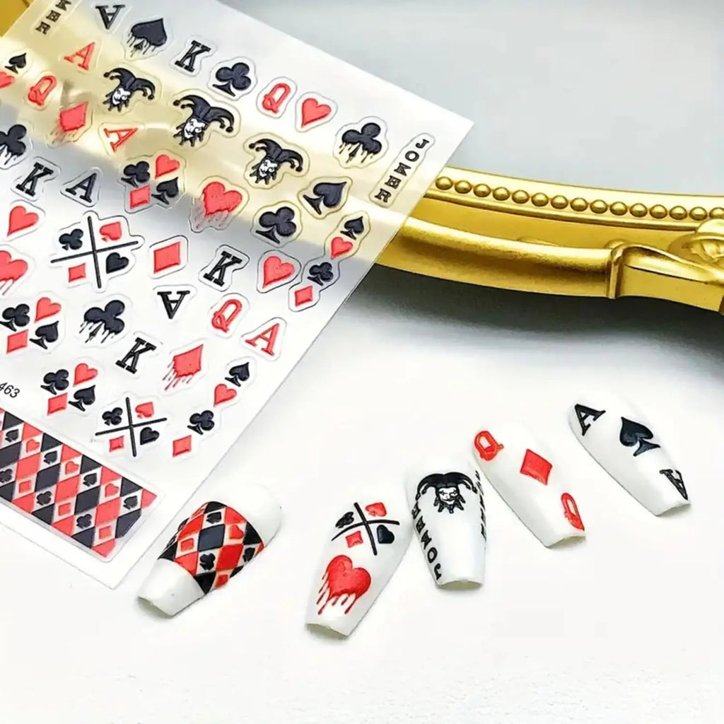 5D geprägte Spielkarte Nail Art Aufkleber Nageldekoration DIY für Maniküre Poker Anzug Design Aufkleber selbstklebende Aufkleber