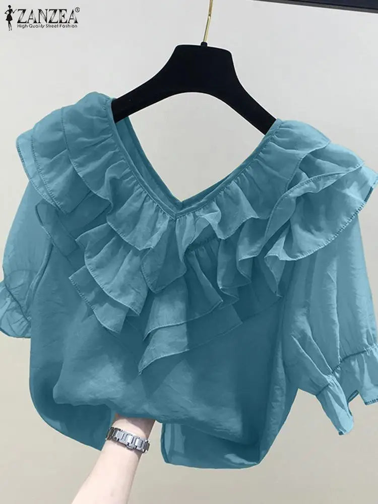ZANZEA Frauen Feste Rüschen Bluse Vintage 3/4 Ärmel V-ausschnitt Chemise 2024 Sommer Büro Chiffon Shirts Casual Lose Nähte Tops