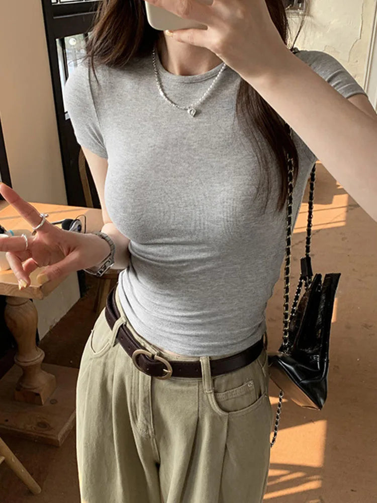 Damen Basic Solid Crop Top Kurzarm Rundhals Skinny T-Shirt Sommer Casual Y2K Vintage Harajuku Streetwear