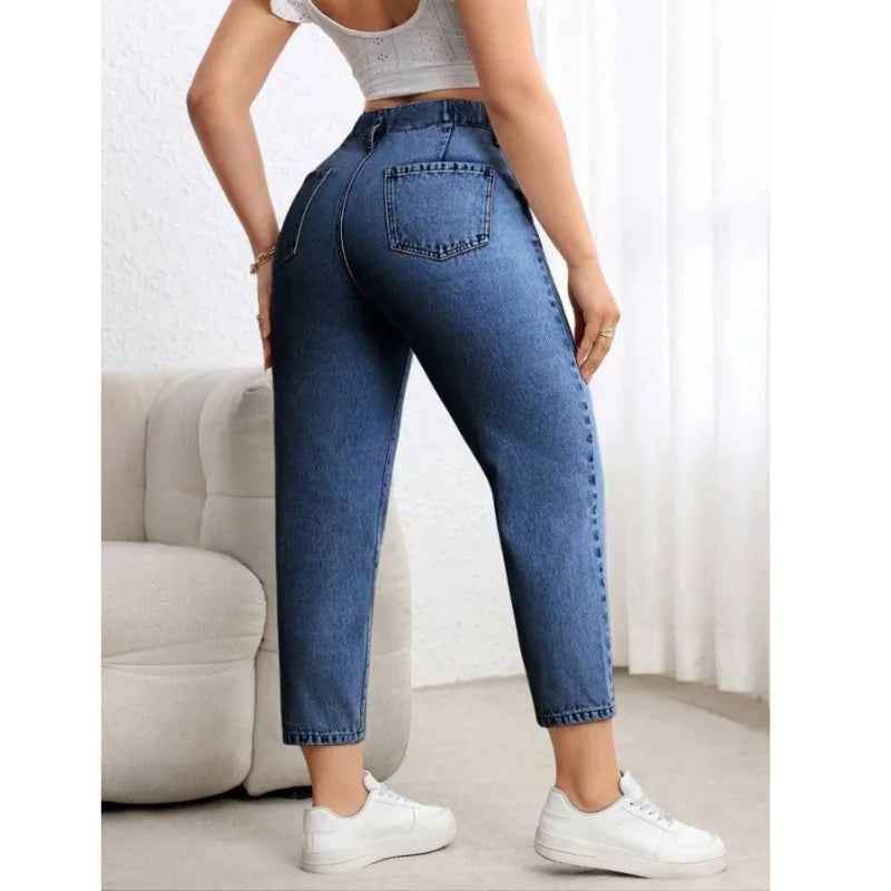 Damen Plus Size Jeans im amerikanischen Street-Style, elastische blaue Jeans, vielseitige modische Freizeithose aus Denim.