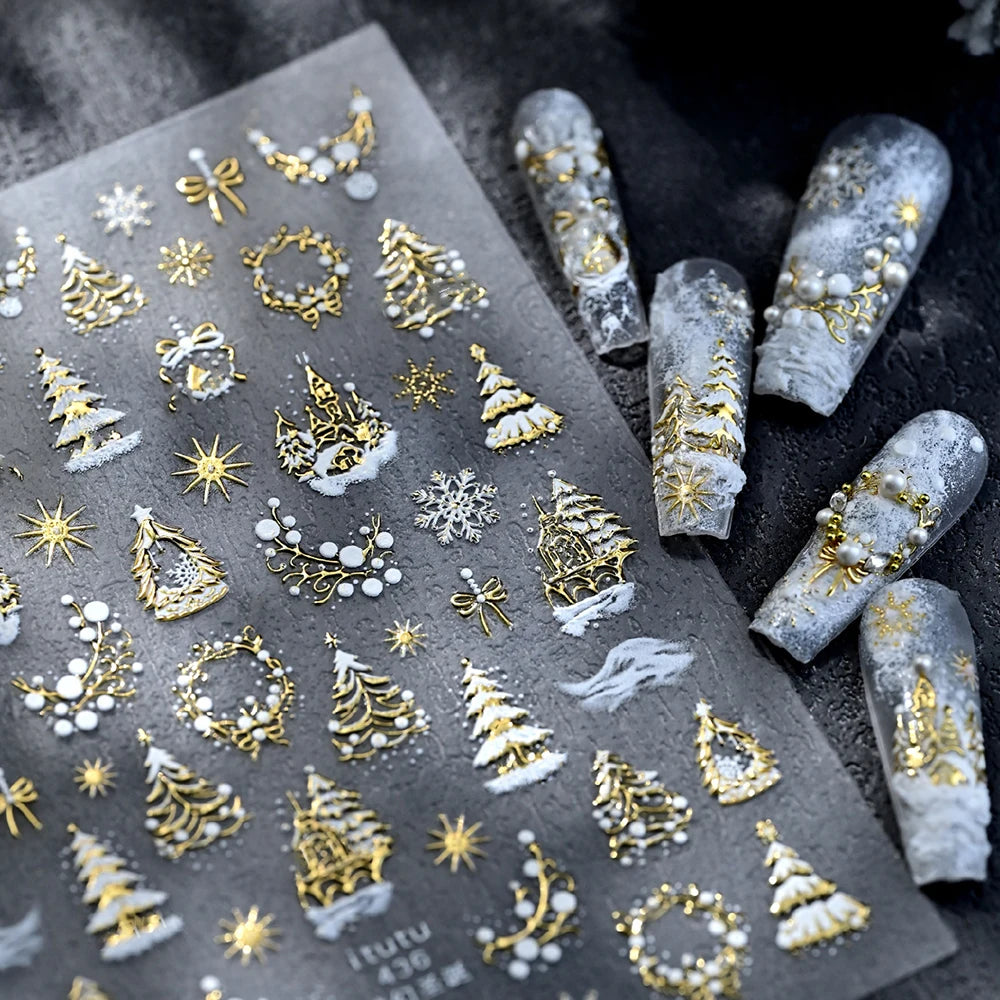 1 Stück 5D Dazzling Christmas Nail Art Aufkleber Gold/Rosa/Blau/Lila Weihnachtsbaum Schneekranz Nagelaufkleber Charmante Weihnachten Nageldeko
