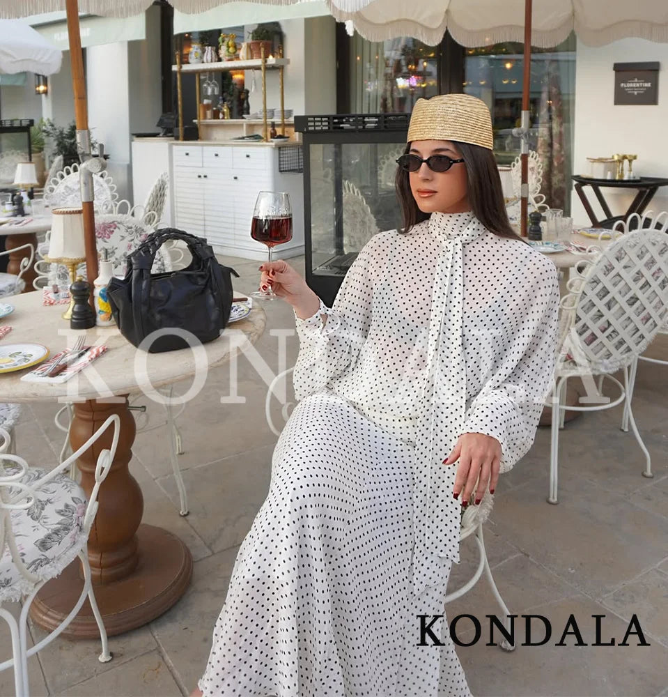 KONDALA Damen-Set, trendiges Polka-Dot-Rock-Set, Schleife, durchsichtige Fliege, Hemden, langer Rock, modisch, 2026, Frühling, Sommer, Urlaub, Damen-Set