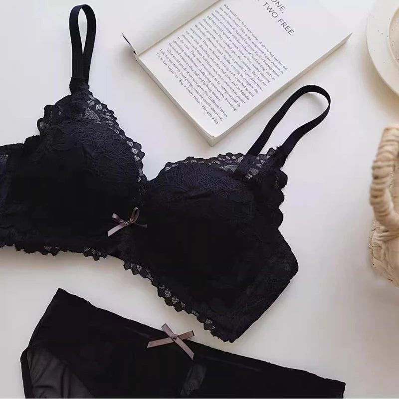 Spitzen-BH-Set im japanischen Stil für Damen, kleine Büste, Push-Up-Lift, verstellbar, Anti-Durchhängen, seitliche Unterstützung, kein Lücke, kabellos, luxuriöser Komfort AB