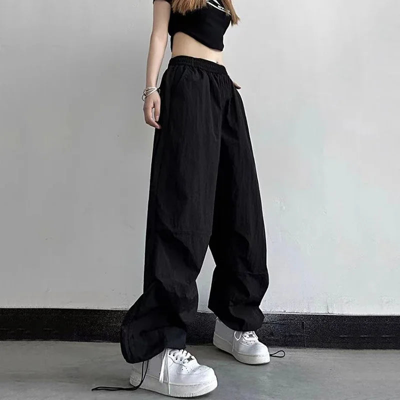Leichte Dünne Fallschirm Hosen Frauen Kordelzug Hohe Taille Cargo Hosen Frau Harajuku Streetwear Breite Bein Baggy Jogginghose