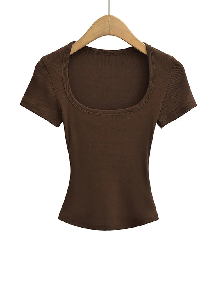 Damen Square Collar Slim Fit Crop Top High Stretch Kurzarm Pullover Sexy Sommerbluse T-Shirt Bottoming