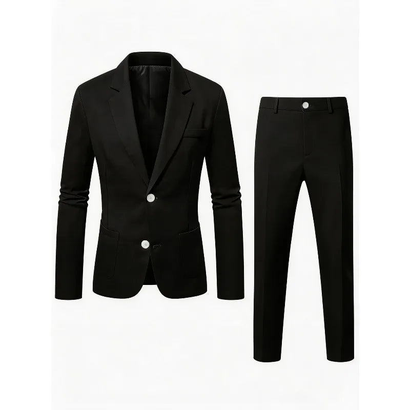 KIDWHXR Herren 2-teiliges Hochzeits-Set Koreanischer Einfarbiger Einreihiger Blazer mit Taschen Gerade Geschnittene Hose Schlanker Casual Anzug Outfit