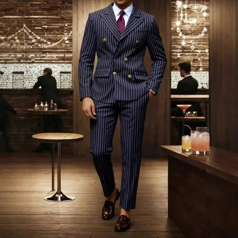 KIDWHXR Herren 2-teiliges Set Doppelreihiger Langarm-Blazer Gerade Geschnittene Hose Gestreifter Business-Hochzeits-Party-Anzug