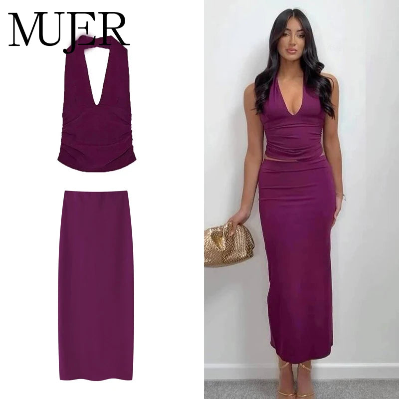 MUJER 2025 Damen-Rock, 2-teiliges Set, Neckholder-Crop-Top, weiblich, hohe Taille, Midi-Röcke, Sets für Frauen, rückenfreie Tops, zweiteiliges Outfit