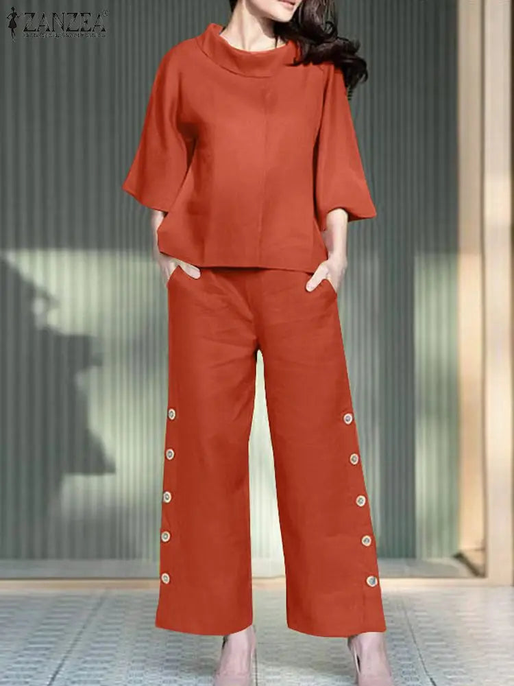 2 Stück Damen Hosen Sets Zanzea Sommer solide ol passende Sets o Hals 3/4 Ärmel Bluse weites Bein Hose lässig locker Arbeits anzug