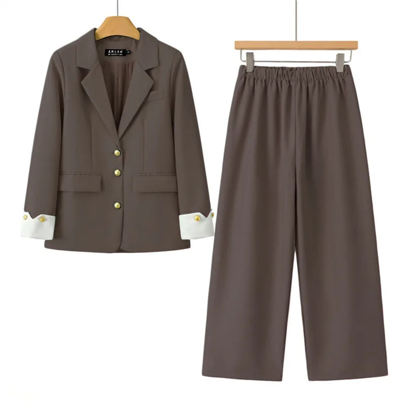 Koreanische Mode 2-Teiliges Set Blazer mit Umlegekragen Langarm Slim Fit Hosen Damenanzüge Büro-Damenkleidung Hosensets für Frauen