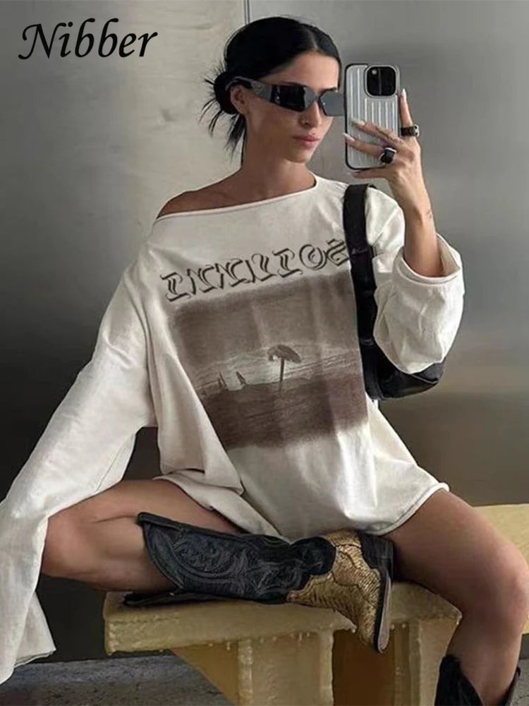 Nibber lässig lose Pullover T-Shirt Frauen Herbst Trend Schräg kragen voller Ärmel Grafiken drucken lässigen Komfort wilde tägliche T-Shirts
