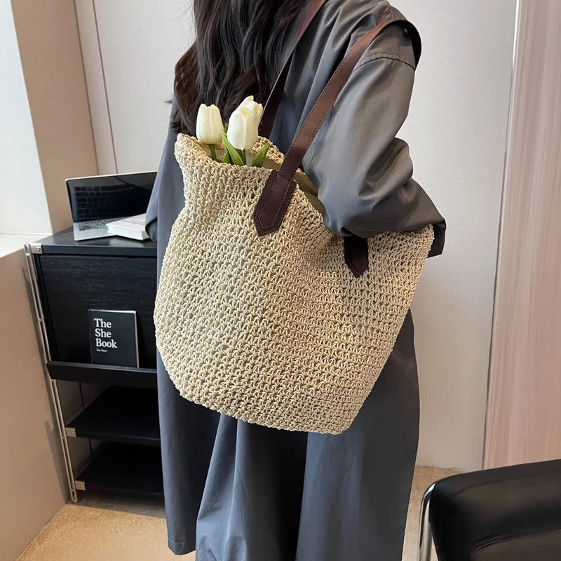 Frauen Umhängetasche Böhmischen Stroh Handtasche Sommer Strand Gewebte Unterarm Tasche Große Casual Gestrickte Tasche Häkeln Einkaufstasche