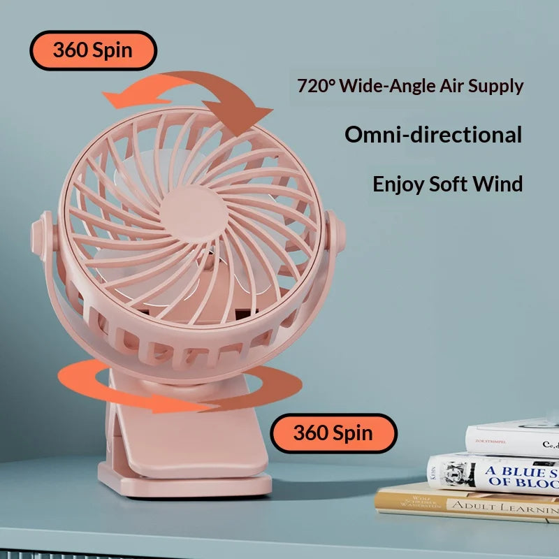 Leiser Mini-Clip-Ventilator, 720° drehbarer Kopf, USB-Aufladung, Nachtlampe, tragbarer Kühlventilator für Büro, Zuhause, Camping, Outdoor