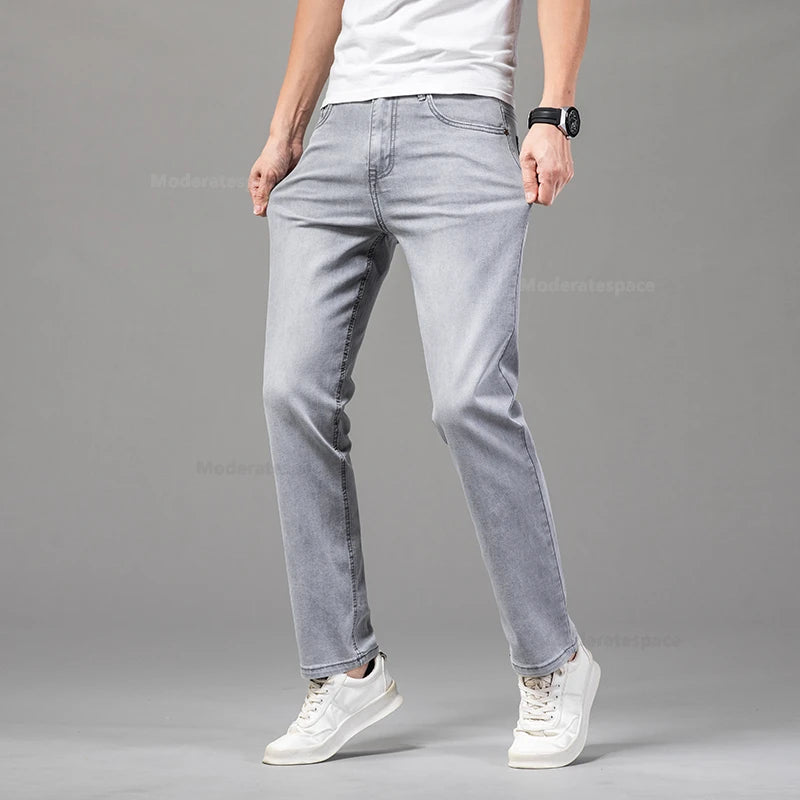 Sommer Dünne männer Baumwolle Jeans Neue Mode Grau Elastische Gerade Business Casual Hosen Bequeme Marke Hosen