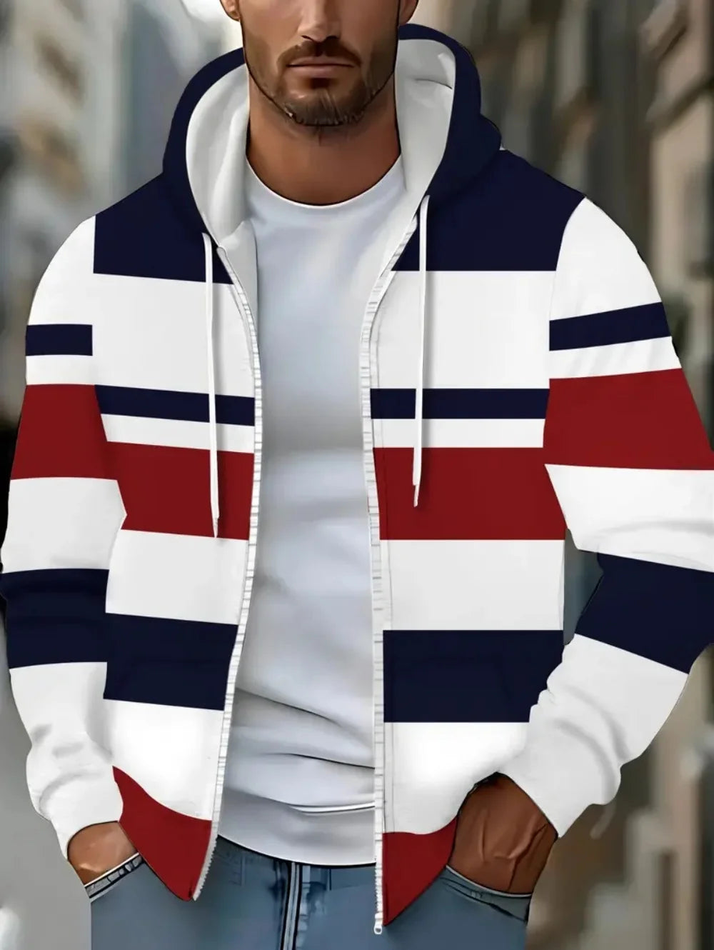 Lässiges, gestreiftes Herren-Sweatshirt mit Kapuze und durchgehendem Reißverschluss, Outdoor-Kleidung, glatte Kapuzentaschen mit Kordelzug, einfache gestreifte Sportbekleidung für Herren