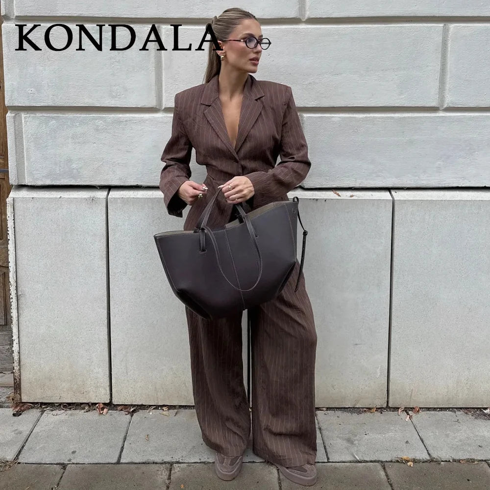 KONDALA 2026 Frühling Gestreifte Bürodamen-Anzüge Modische Elegante Braune Gürtel Lose Einreihige Blazer Schicke Weite Hosen