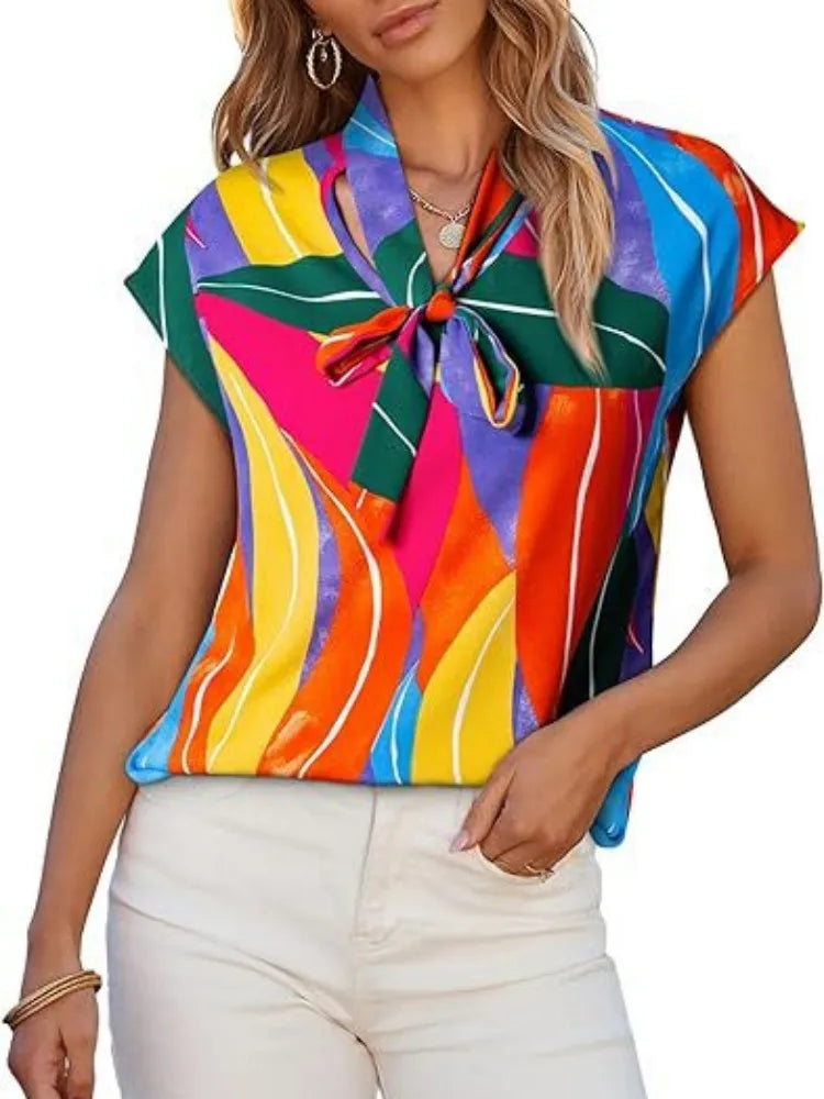 Frauen Sommer Stil Blusen Shirts Dame Casual Kurzarm Fliege Kragen Gedruckt Bluse Tops