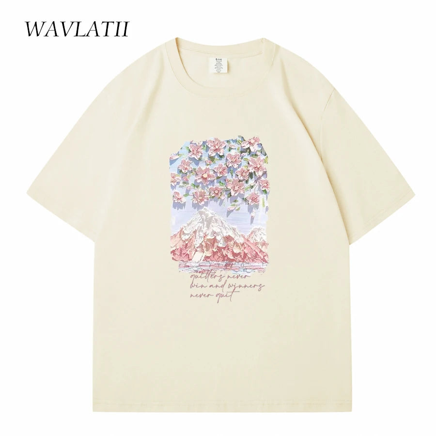 WAVLATII Damen-T-Shirts aus 100 % Baumwolle, Sommer-T-Shirts für Damen, Lavendel, Streetwear, bedruckte T-Shirts, grün, lässig, kurzärmelig, WT2328