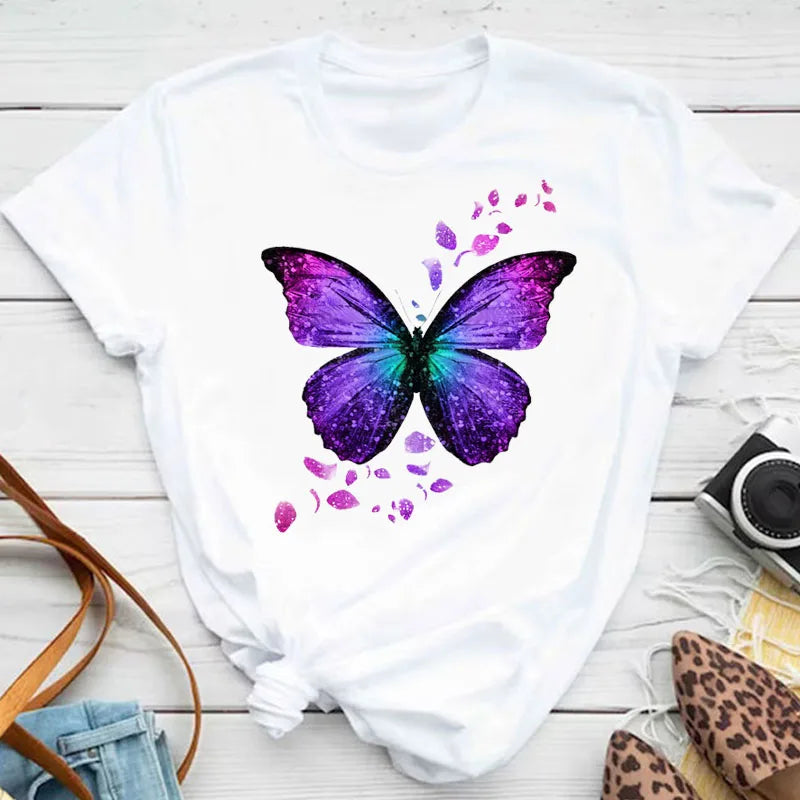 Neue blaue Schmetterling Blumen gedruckt T-Shirt Frauen Sommer lässig Kurzarm O-Ausschnitt Tops 90er Jahre Mode Grafik weibliche Tops T-Shirts
