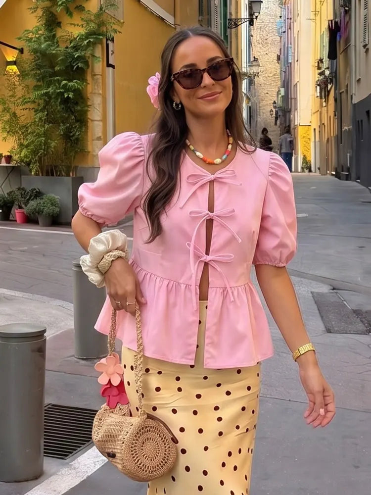 Elegante Damen-Bluse mit Kurzen Puffärmeln und Schleife, Lässiges Mode-Wochenend-Shirt, High-Street-Hemd, Party- und Strand-Oberteil, Schlanker Schnitt