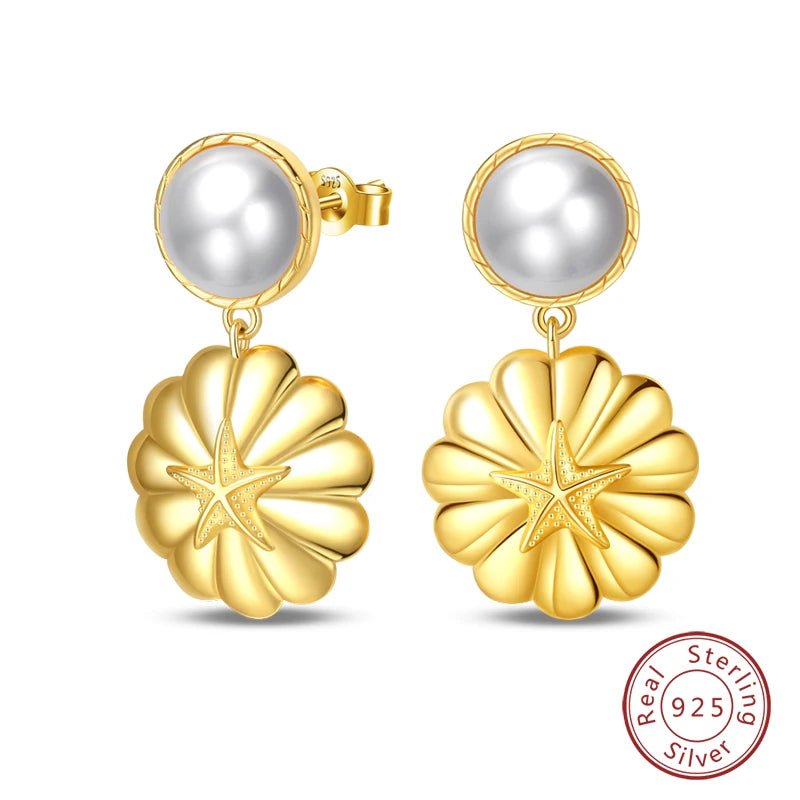 Luxus Goldene Muschel Seestern Perle Ohr Studs 925 Silber Schmetterling Herzförmige Anhänger Perle Ohrringe Für Frauen Partei Schmuck