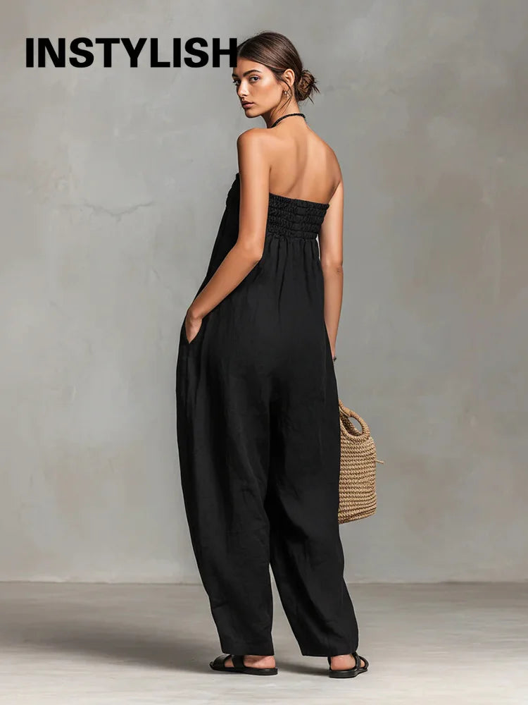 Damen Trägerloses Tube-Top Leinen-Jumpsuit mit Elastischem Gerafftem Oberteil, Sommerlicher Lässiger Ärmelloser Weiter Overall, Streetwear-Romper